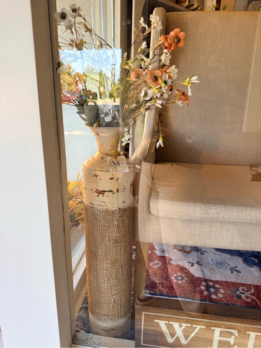 Neutral Rustic Tall Floor Vase with Burlap Accent XL
